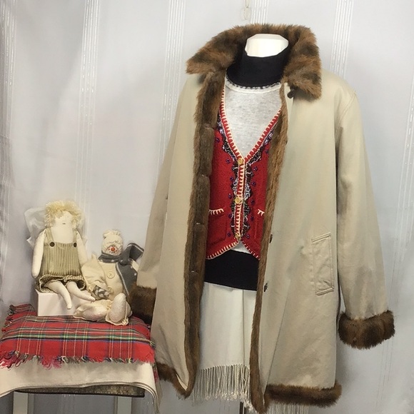 🌲 Denim&Co Tan Denim Faux Fur Trim Lining Button Front with Pockets Coat - Picture 4 of 11